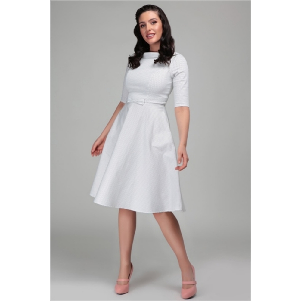1950s Inspired Swing Dress Collectif Mainline Bertha White-Mini Black Polka Dots - Picture 1 of 7